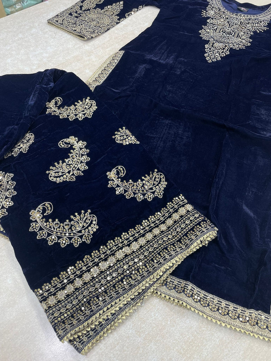 Zayrah - Blue Velvet Kameez with Plazo - Embroidered & Gem work - 3Pcs
