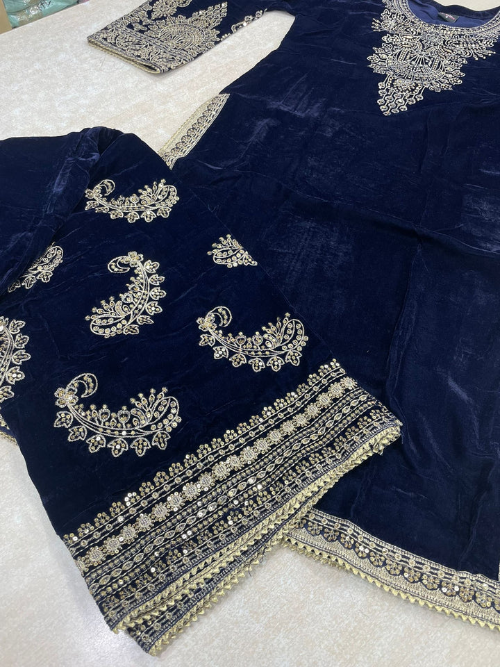 Zayrah - Blue Velvet Kameez with Plazo - Embroidered & Gem work - 3Pcs