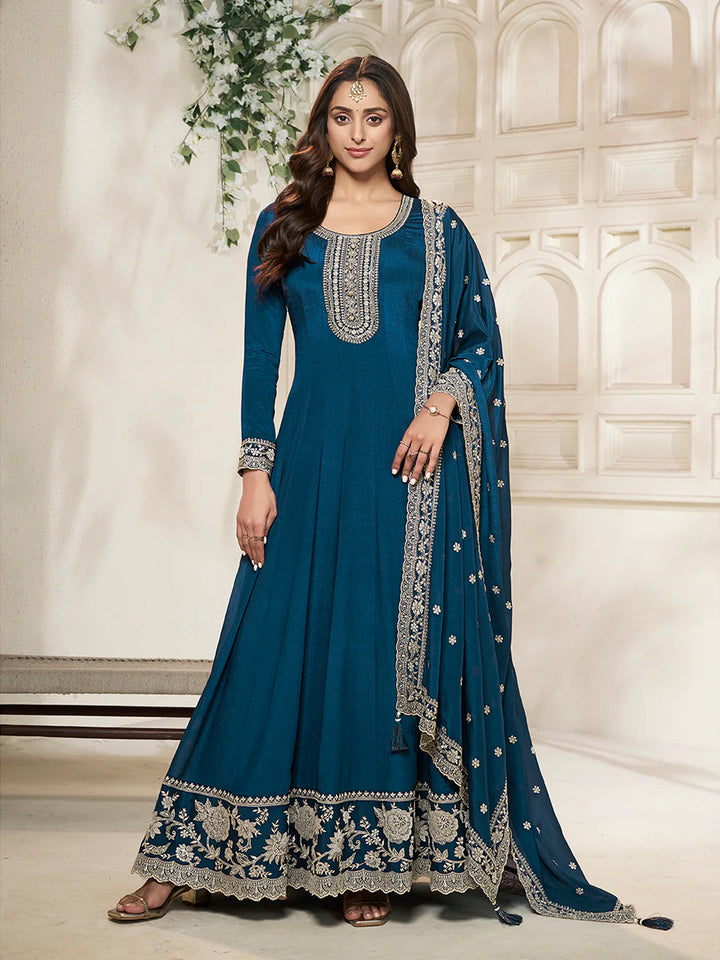 Nureh – Blue Chinon Embroidered Anarkali Suit with Scalloped Dupatta - 2pcs