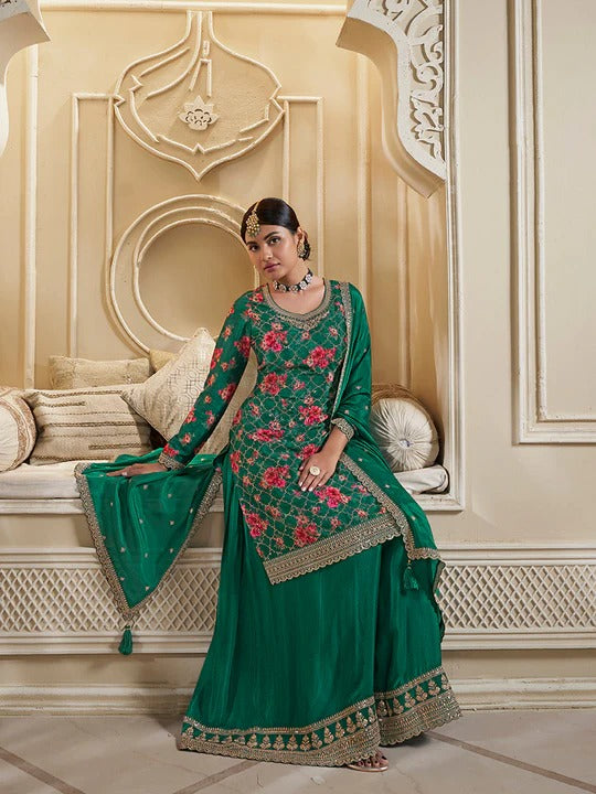 Jawaria – Green Digital Floral Printed Embroidered Sharara Suit Set – 3 Pcs