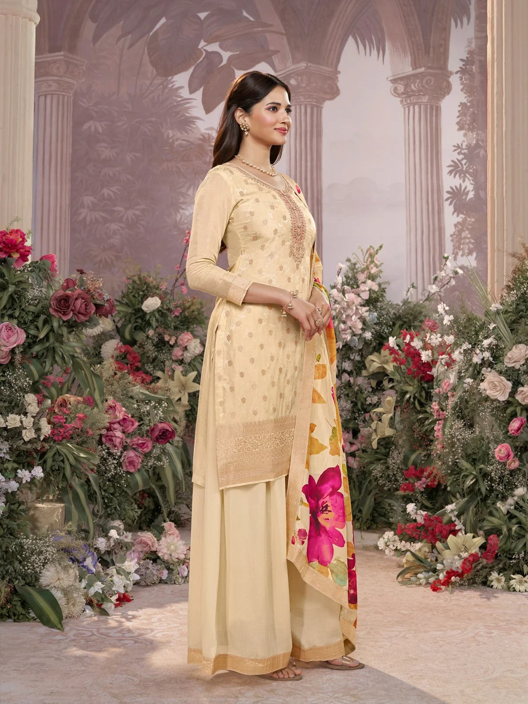 Farah – Off White Dola Silk Jacquard & Embroidery Sharara Set with Digital Print Dupatta – 3 Pcs