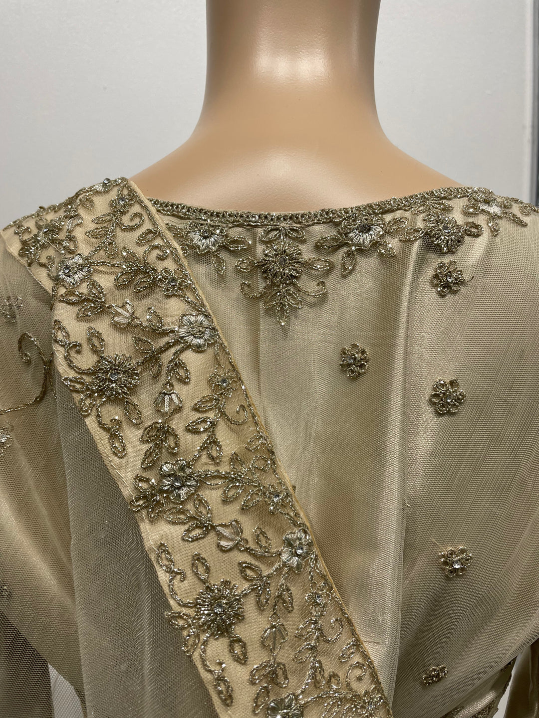 Yusra - Champagne Gold Heavy Embroidered Net Party Gown with White Gold Embroidered - 3pcs