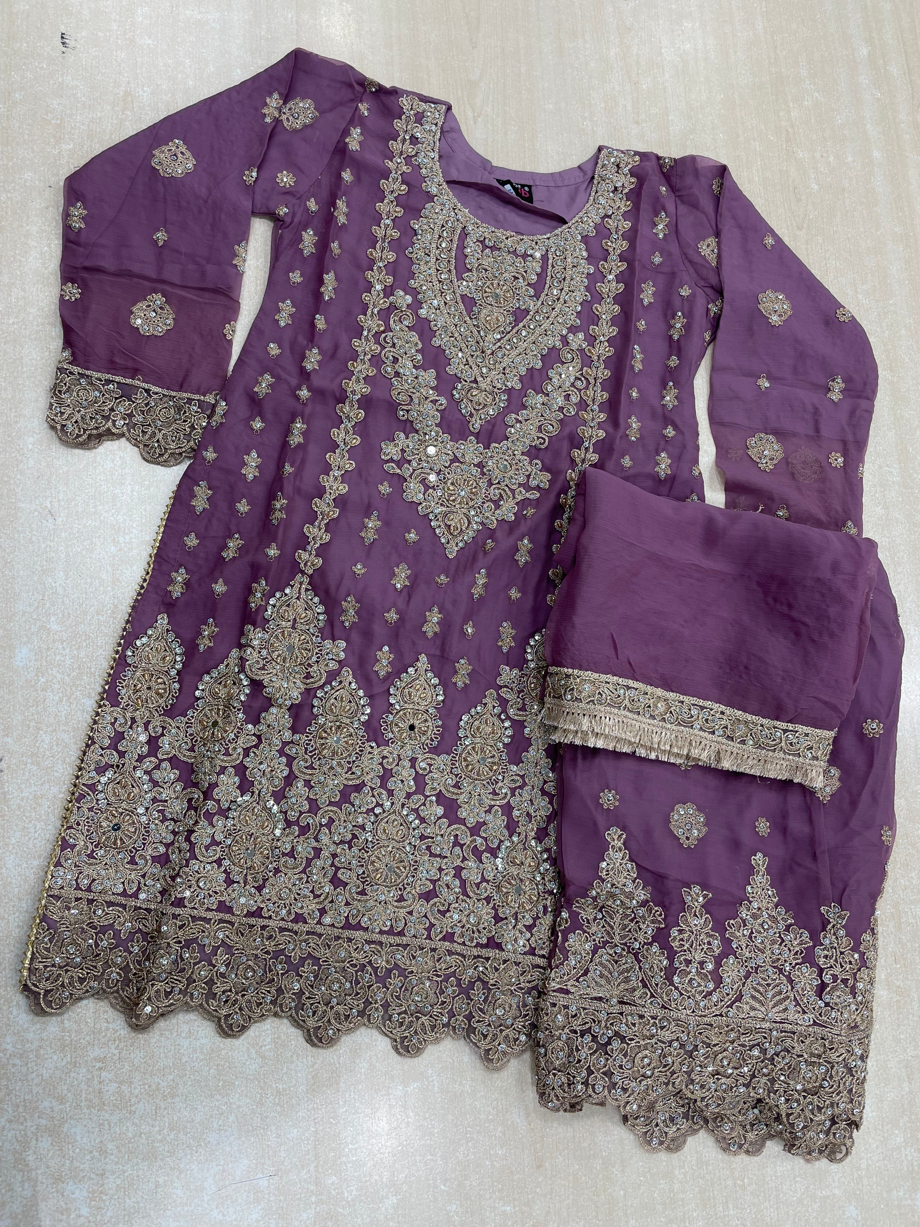 Lavender embroidered Plazo - Rose Gold Embroidered & Gem work - 3Pcs