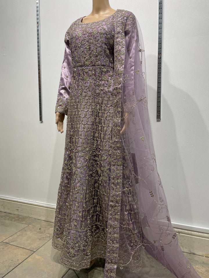 Yusra - Dusky Lavender Heavy Embroidered Net Party Gown with White Gold Embroidered - 3pcs