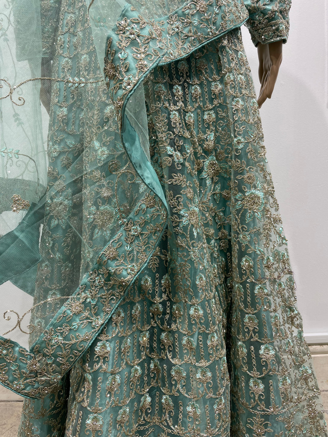Yusra - Turquoise Heavy Embroidered Net Party Gown with White Gold Embroidered - 3pcs