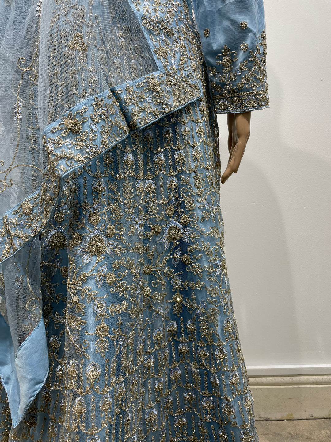 Yusra - Sky Blue Heavy Embroidered Net Party Gown with White Gold Embroidered - 3pcs