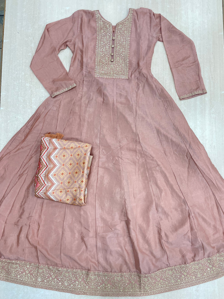Yasmin - Blush Peach Bhagalpuri Silk Frock with Digital Print Dupatta - 2pcs