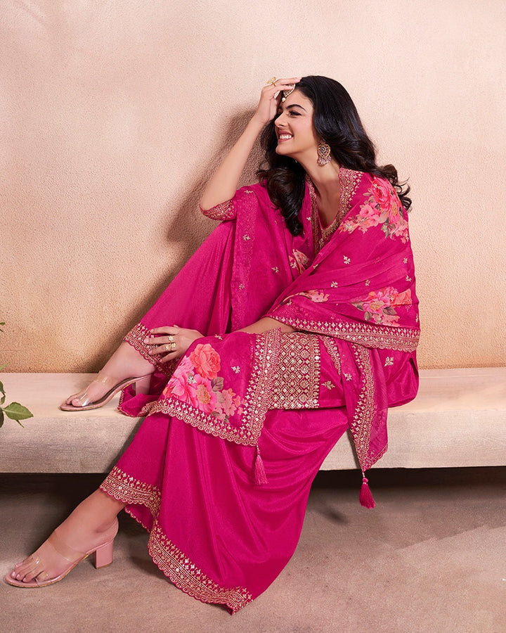 Mahira – Cerise Pink Sequins Embroidered Kurti Plazo Set with Digital Floral Dupatta – 3 Pcs