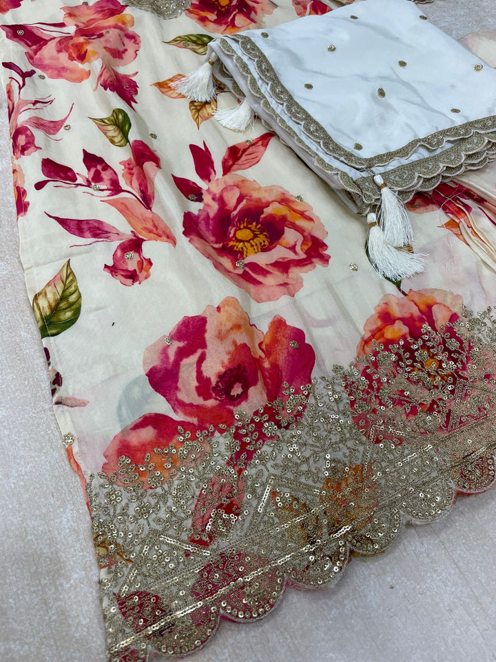 Nura - Cream - Pure Silk Printed Plazo Kameez with Georgette Dupatta - Co-ord - 3pcs