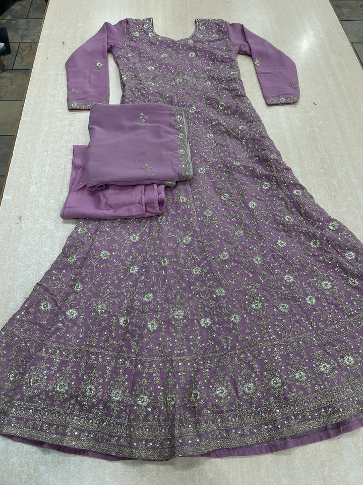 Amani - Lilac Heavy Embroidered Georgette Gown - White Gold Embroidery - 3pcs