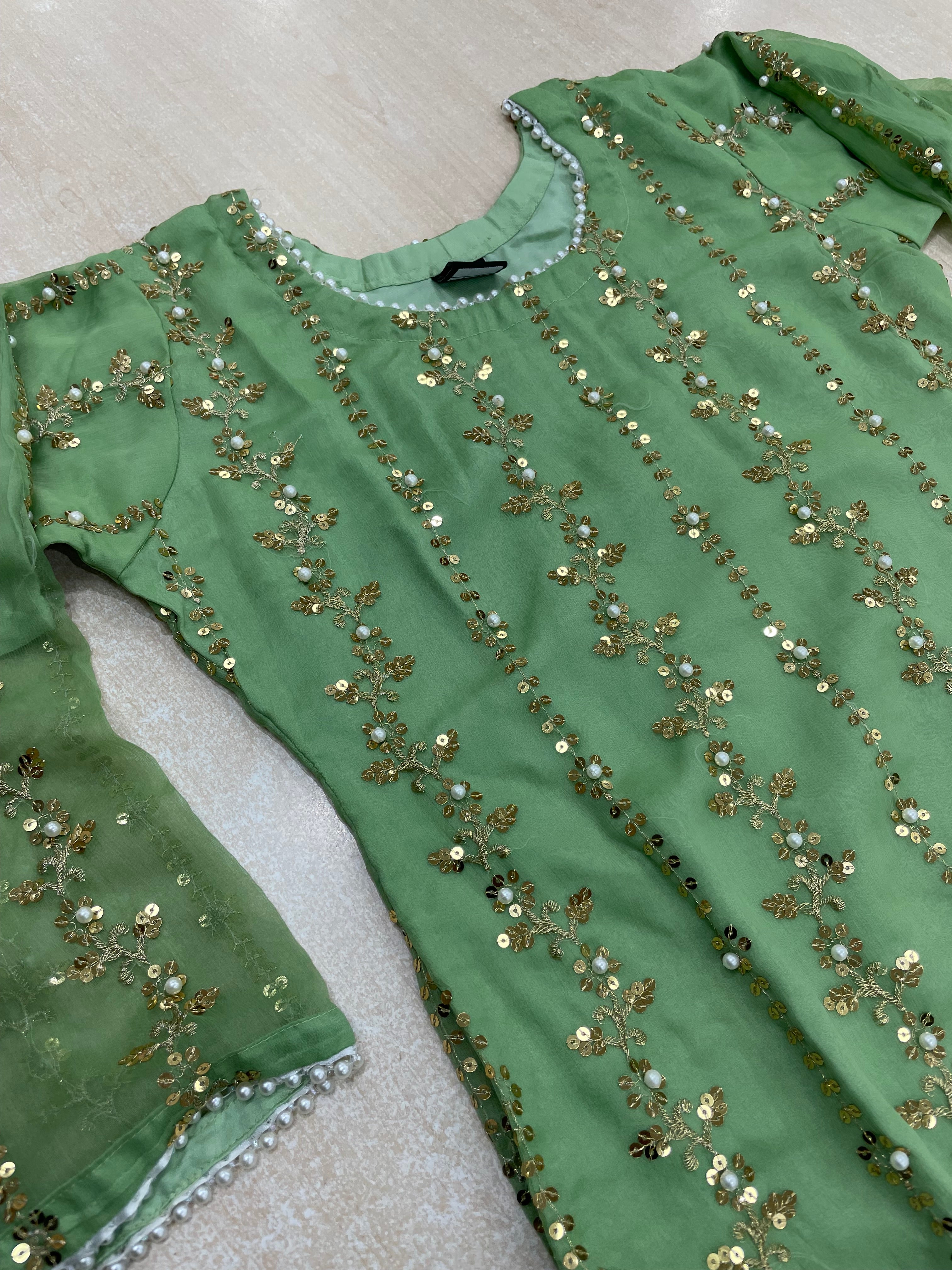 Green Chiffon Shalwar kameez with Gold Embroidery & Gem work - 3pcs