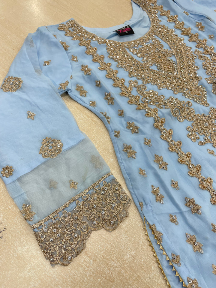 Aisha - Sky Blue embroidered Plazo - Rose Gold Embroidered & Gem work - 3Pcs