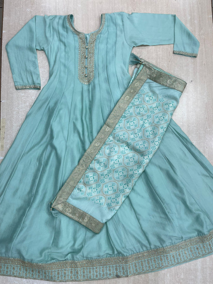 Aasma - Turquoise Bhagalpuri Silk Frock with Digital Print Dupatta - 2pcs