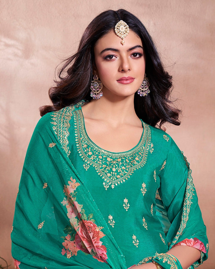 Mahira – Teal Green Sequins Embroidered Kurti Plazo Set with Digital Floral Dupatta – 3 Pcs