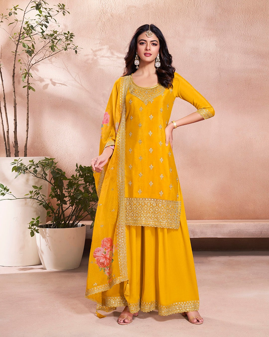 Mahira – Yellow Sequins Embroidered Kurti Plazo Set with Digital Floral Dupatta – 3 Pcs