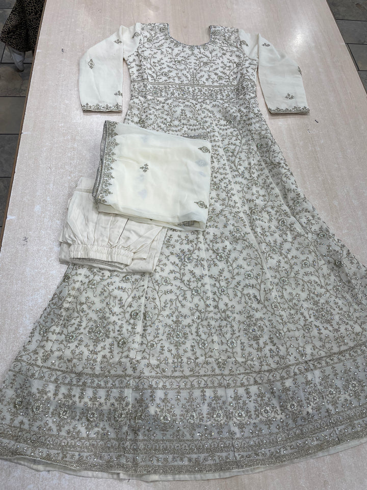 Amani - Off White Heavy Embroidered Chiffon Gown - White Gold Embroidery - 3pcs