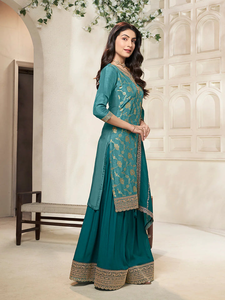 Sareen – Teal Dola Silk Embroidered Straight Kurta with Sequinned plazo Dupatta – 3 Pcs
