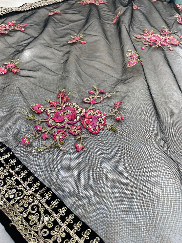 Marwah - Black Embroidered Anarkali with Net Dupatta - 3 Pcs