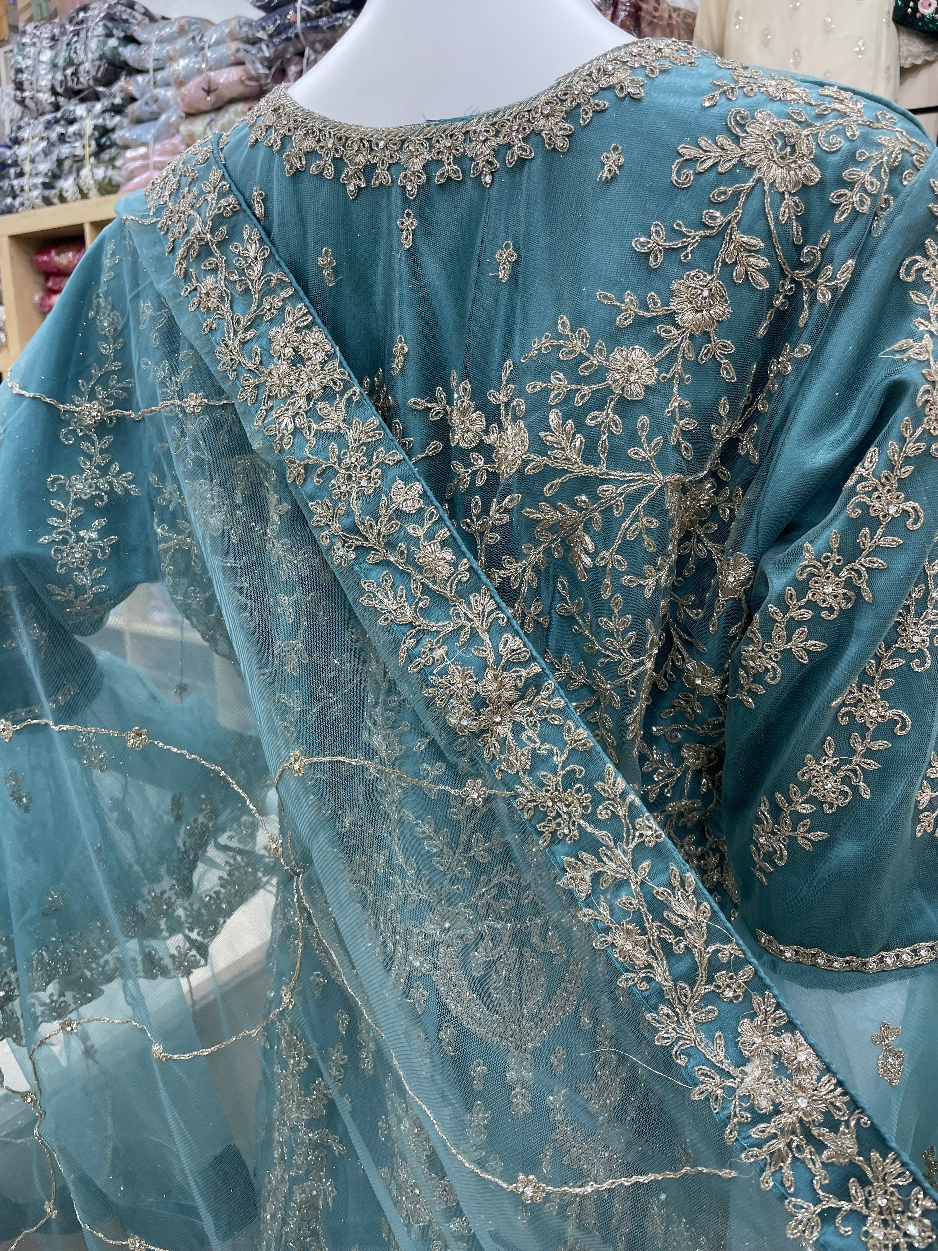 Light Teal Heavy Embroidered Gown with Bell Sleeves