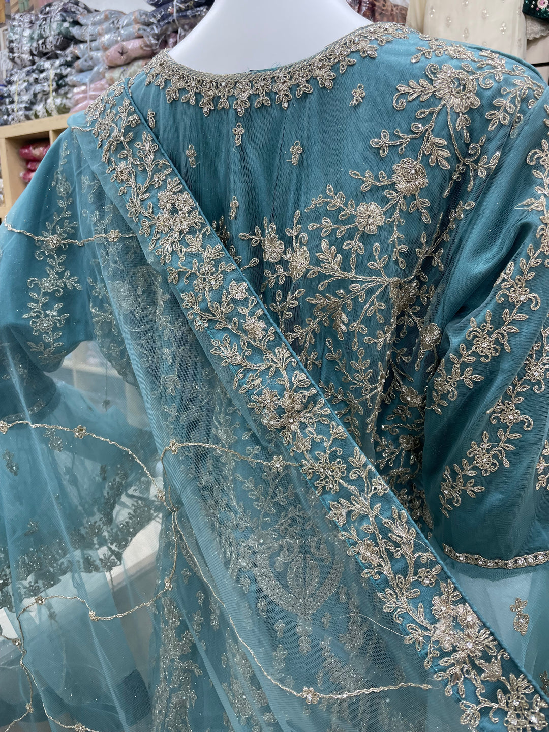 Jannah - Light Teal Heavy Embroidered Net Party Gown with Bell Sleeves/White Gold Embroidered - 3pcs