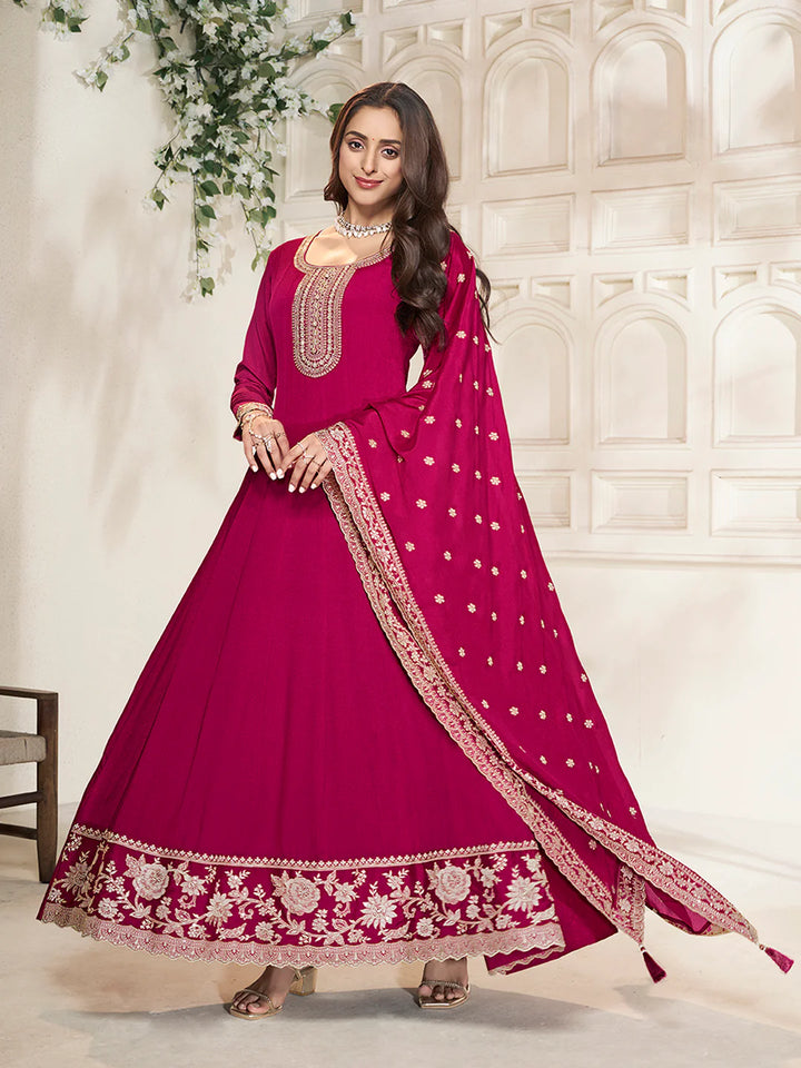 Nureh – Pink Chinon Embroidered Anarkali Suit with Scalloped Dupatta - 2pcs