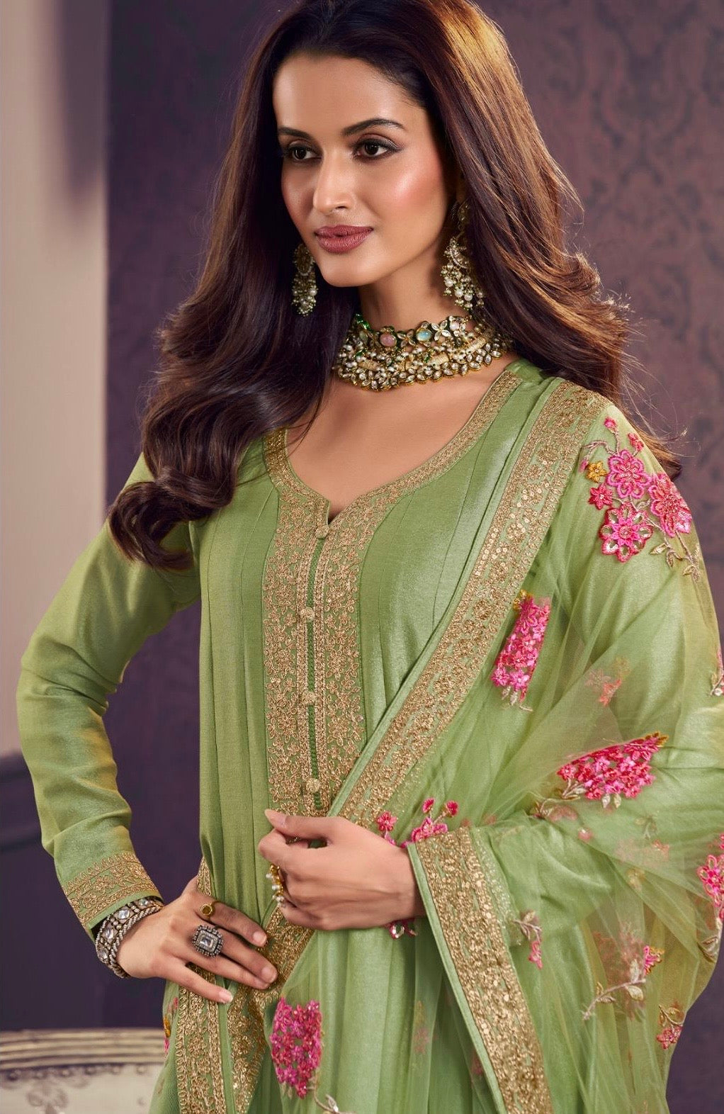 Marwah - Green Embroidered Anarkali with Net Dupatta - 3 Pcs