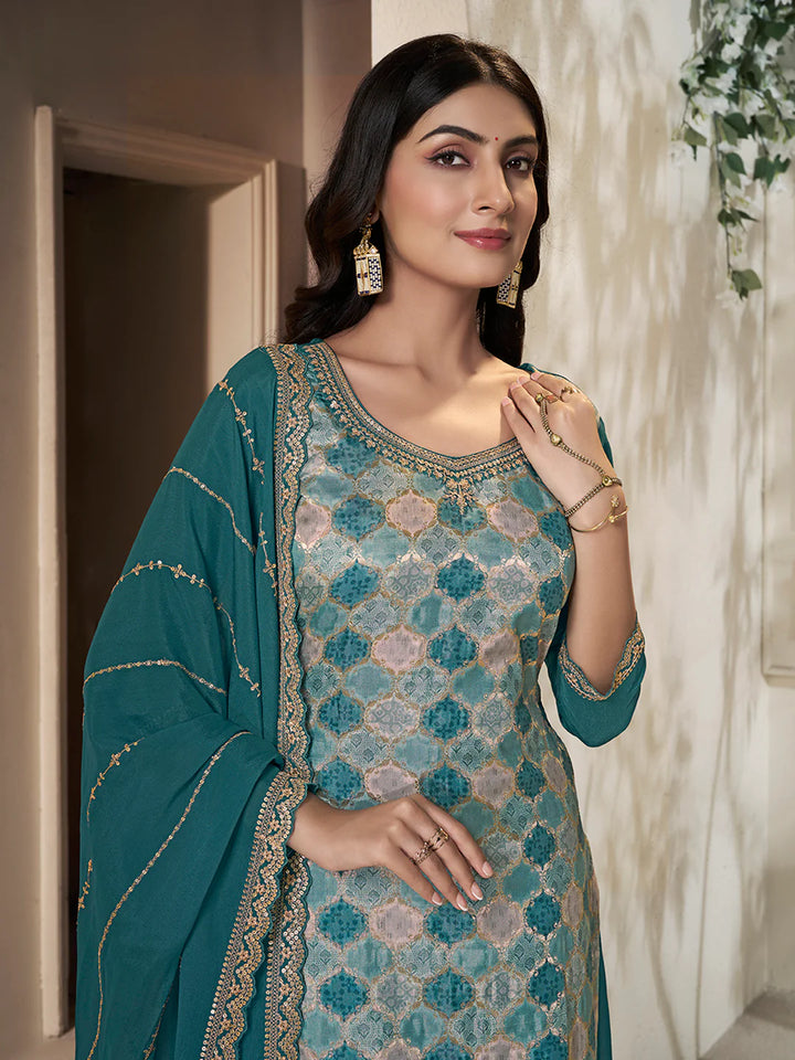Abeer – Pastel Teal Blue Dola Silk Printed Kurta with Sequinned Plazo Dupatta – 3 Pcs