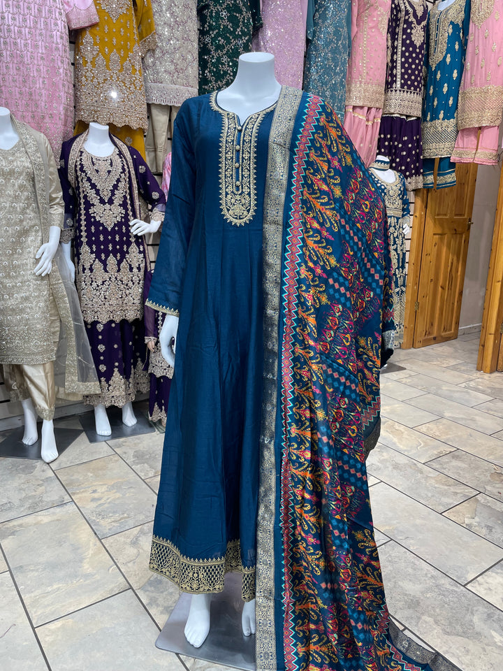 Dunya – Teal Blue Bhagalpuri Silk Anarkali with Digital Print Dupatta – 2 Pcs