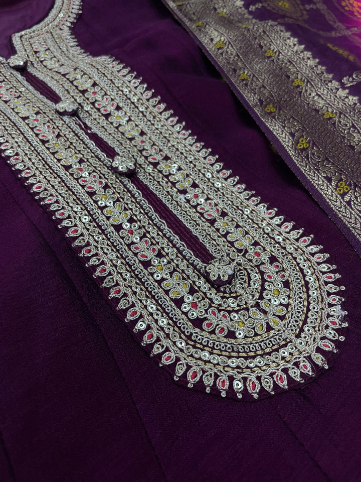 Hooriya - Purple Embroidered Anarkali with Jacquard Dupatta - 3 Pcs