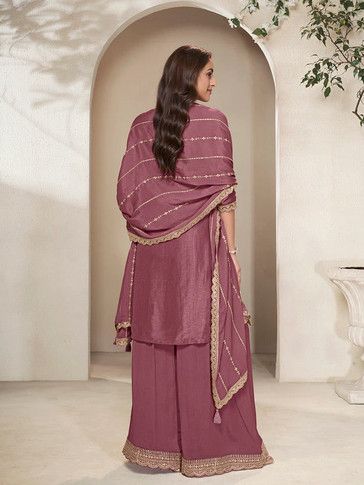 Abeer – Pastel Burgundy Dola Silk Printed Kurta with Sequinned Plazo Dupatta – 3 Pcs