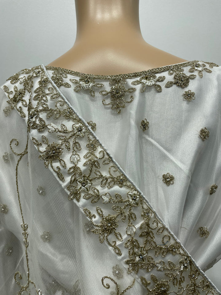 Yusra - White Heavy Embroidered Net Party Gown with White Gold Embroidered - 3pcs