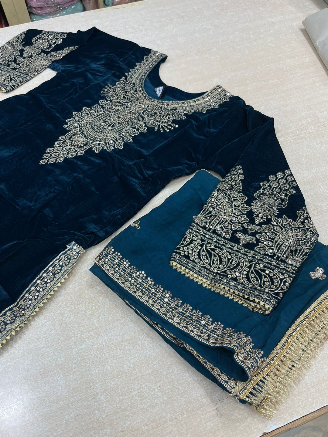Zayrah - Teal Velvet Kameez with Plazo - Embroidered & Gem work - 3Pcs