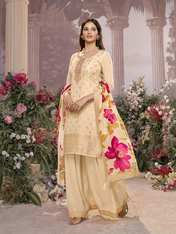 Farah – Off White Dola Silk Jacquard & Embroidery Sharara Set with Digital Print Dupatta – 3 Pcs