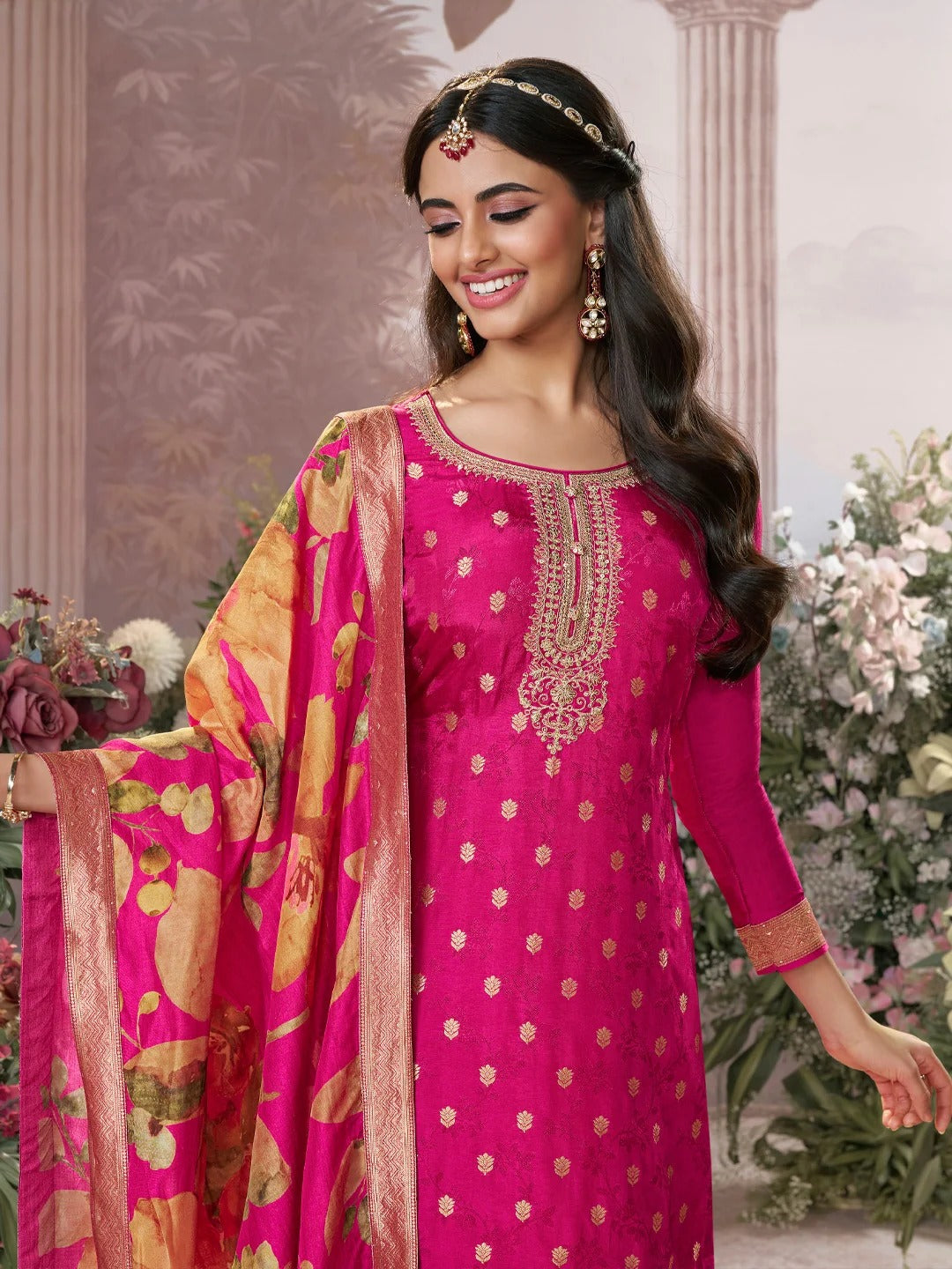 Farah – Pink Dola Silk Jacquard & Embroidery Sharara Set with Digital Print Dupatta – 3 Pcs