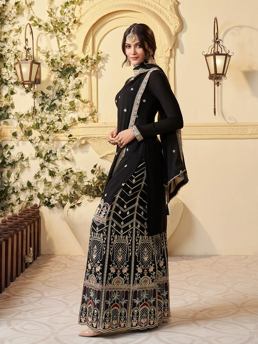 Hafsa – Designer Multi-Thread Embroidered Black Chinon Sharara Suit Set - 3pcs
