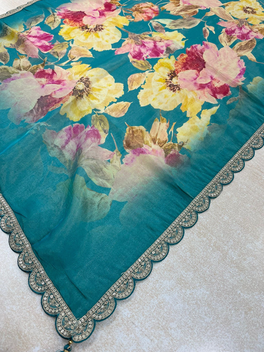 Elham – Turquoise Masoori Embroidered Suit Set with Printed Dupatta - 3pcs