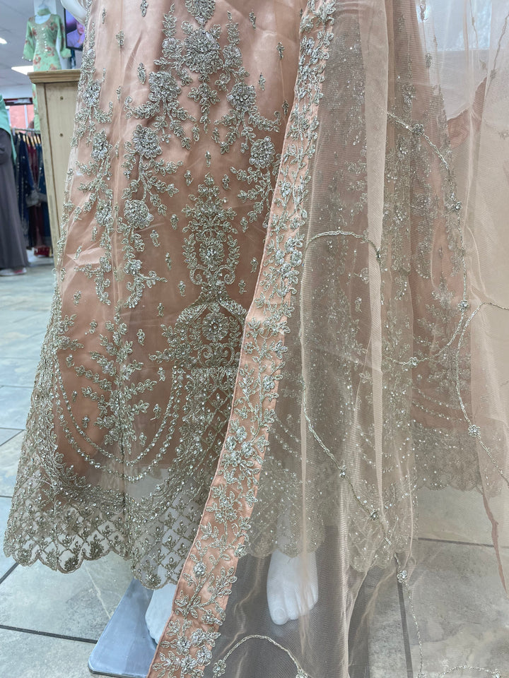 Jannah - Peach Heavy Embroidered Net Party Gown with Bell Sleeves/White Gold Embroidered - 3pcs