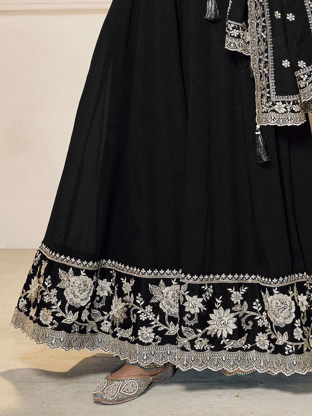 Nureh – Black Chinon Embroidered Anarkali Suit with Scalloped Dupatta - 2pcs
