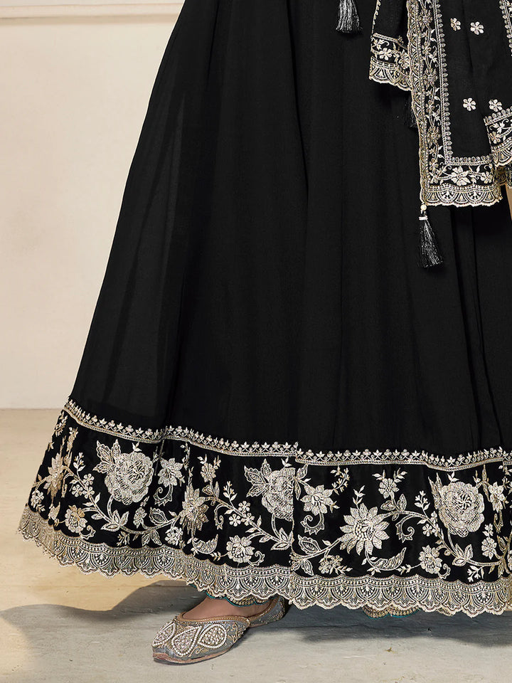 Nureh – Black Chinon Embroidered Anarkali Suit with Scalloped Dupatta - 2pcs
