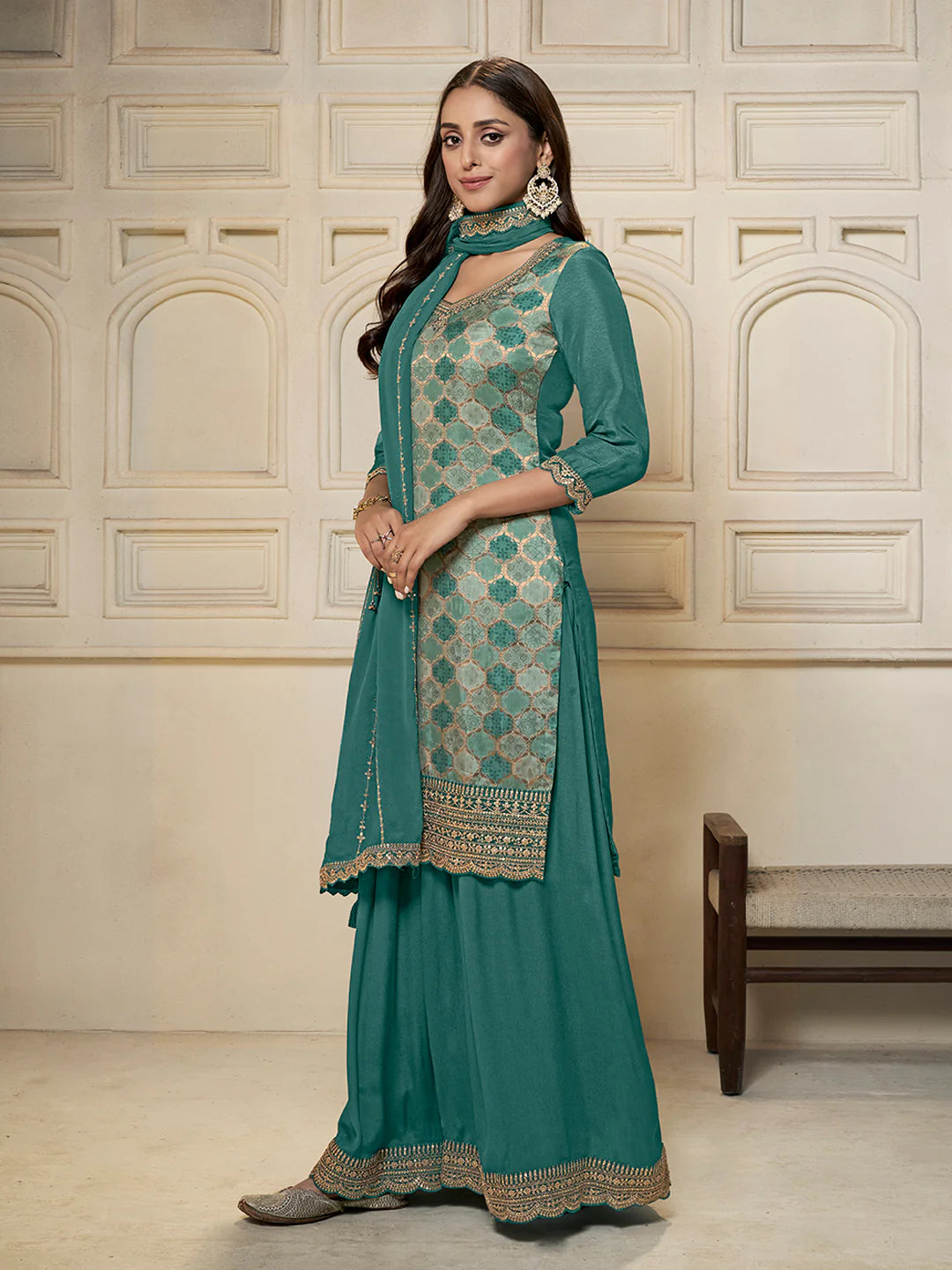 Abeer – Pastel Teal Green Dola Silk Printed Kurta with Sequinned Plazo Dupatta – 3 Pcs