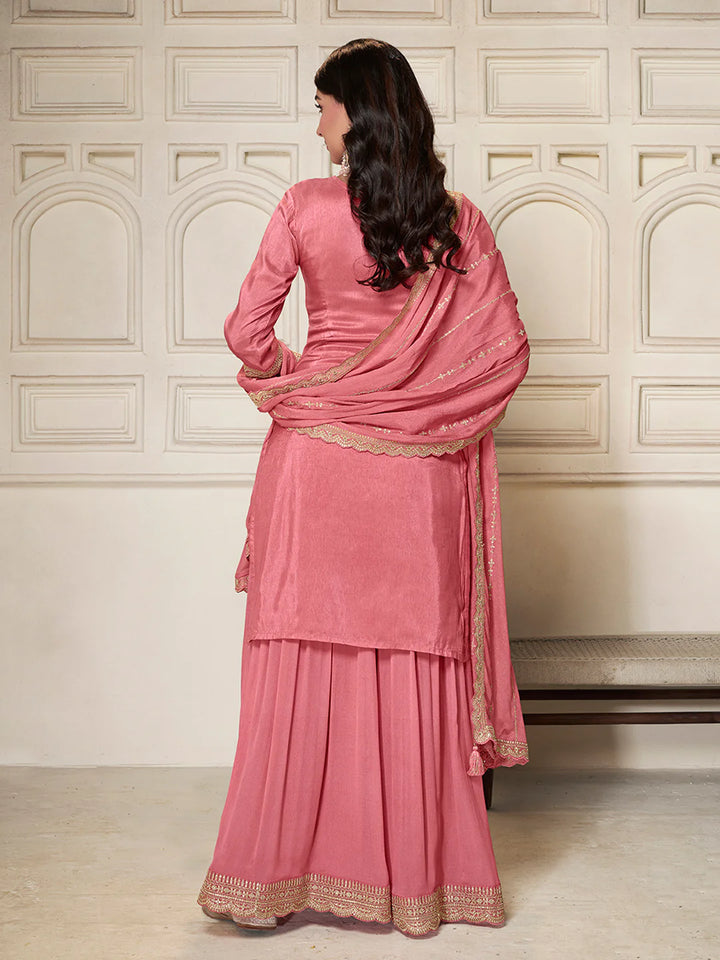 Abeer – Pastel Pink Dola Silk Printed Kurta with Sequinned Plazo Dupatta – 3 Pcs