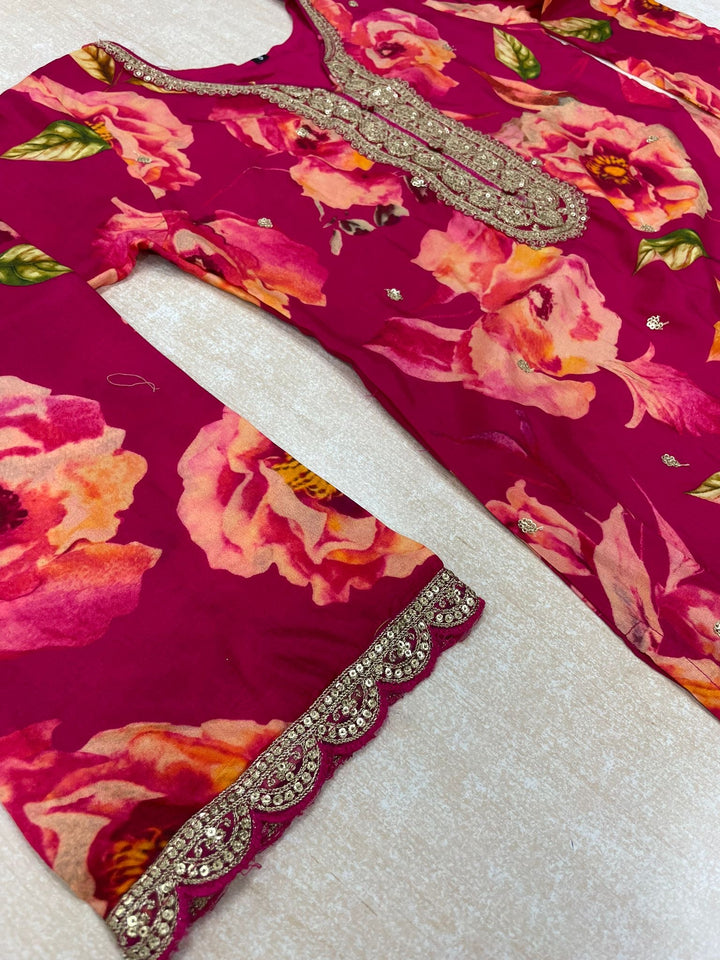 Nura - Hot Pink - Pure Silk Printed Plazo Kameez with Georgette Dupatta - Co-ord - 3pcs