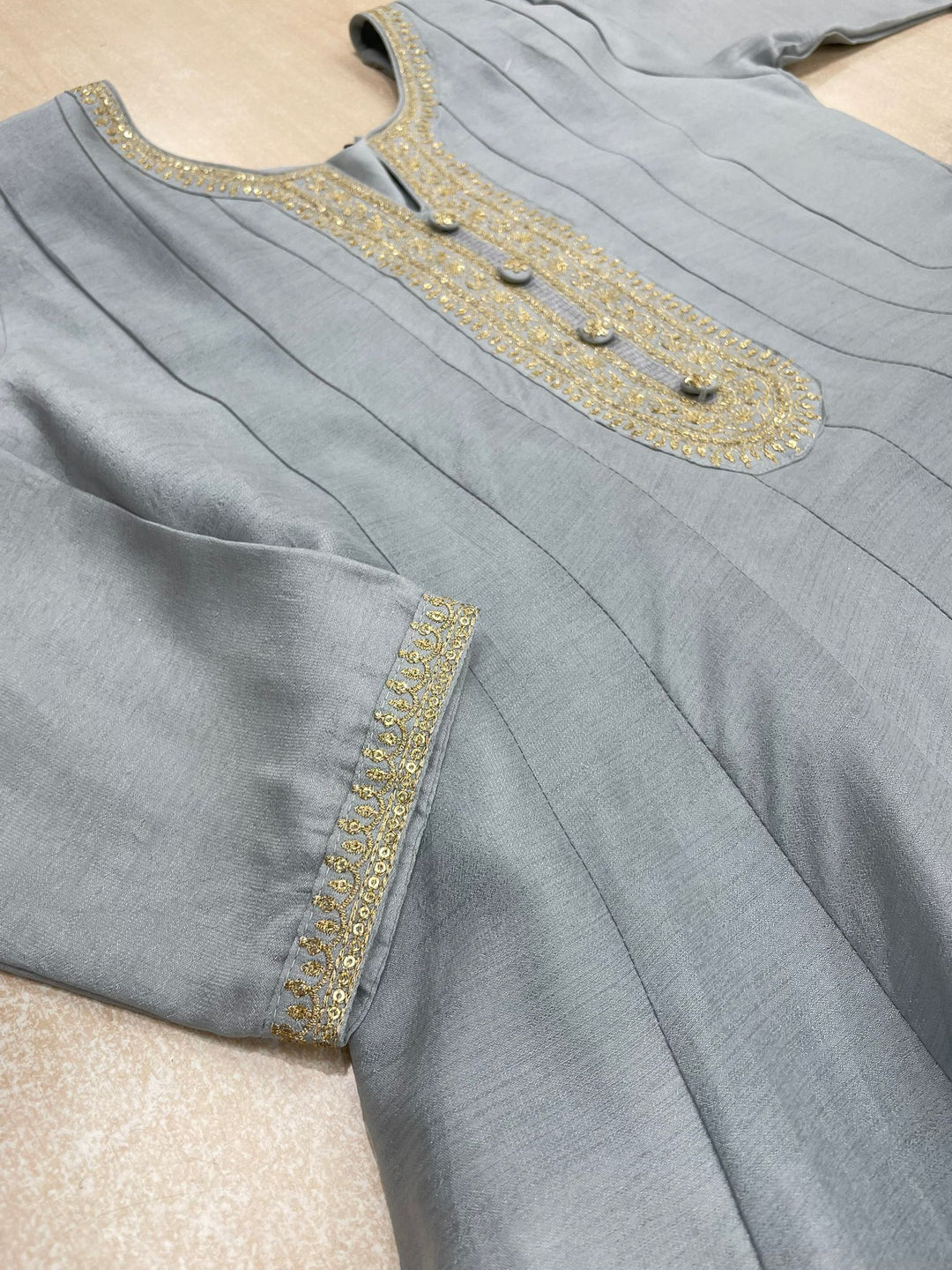 Aasma - Grey Bhagalpuri Silk Frock with Digital Print Dupatta - 2pcs