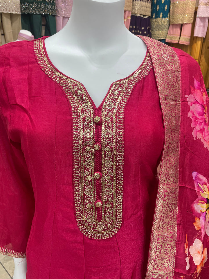 Isra – Cerise Pink Bhagalpuri Silk Anarkali with Digital Print Dupatta – 2 Pcs