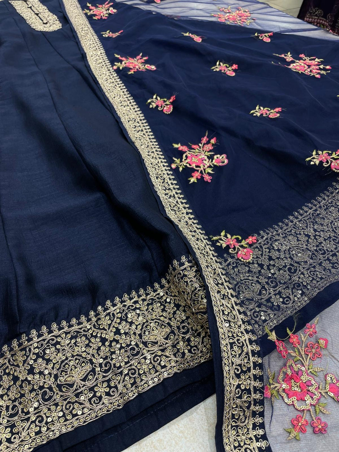 Marwah - Navy Blue Embroidered Anarkali with Net Dupatta - 3 Pcs