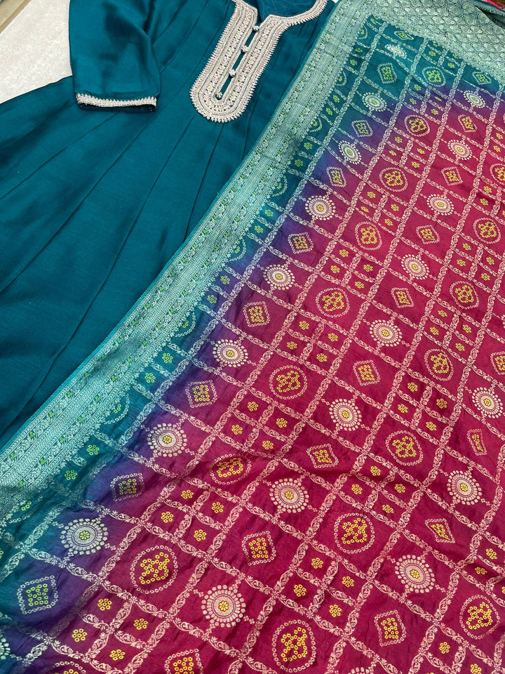 Hooriya - Teal Green Embroidered Anarkali with Jacquard Dupatta - 3 Pcs
