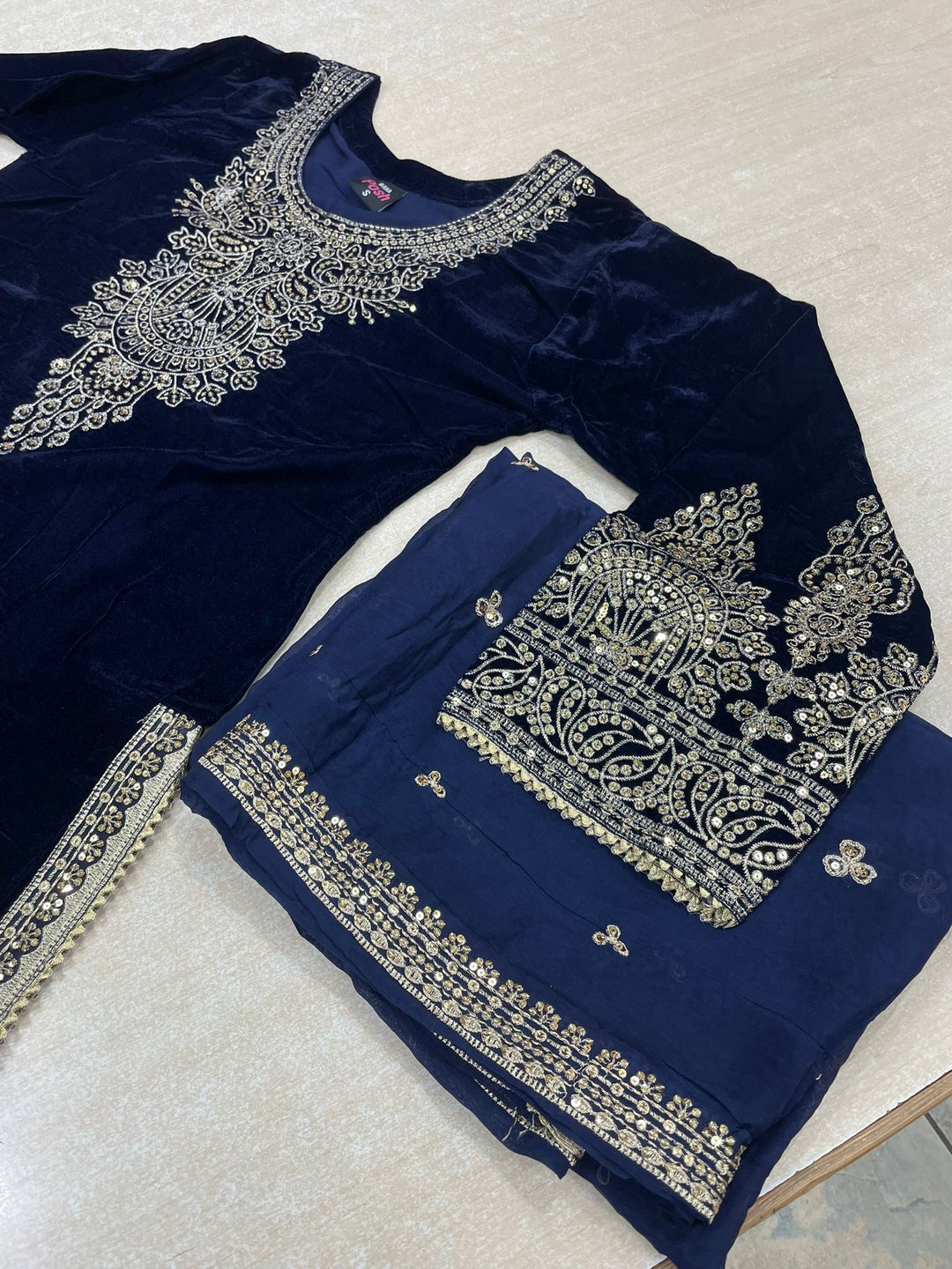Zayrah - Blue Velvet Kameez with Plazo - Embroidered & Gem work - 3Pcs