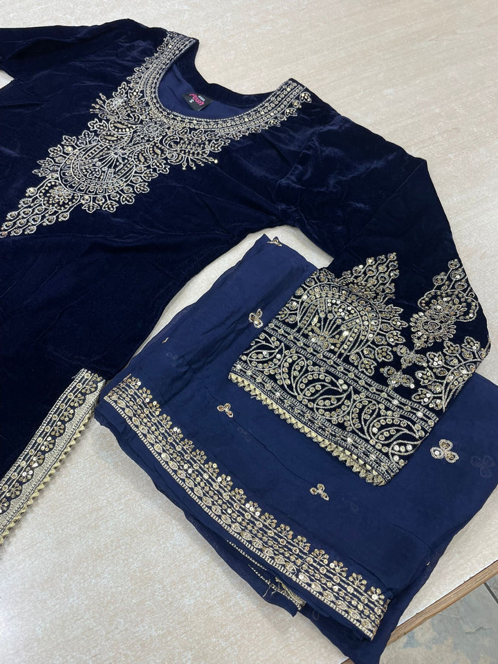 Zayrah - Blue Velvet Kameez with Plazo - Embroidered & Gem work - 3Pcs