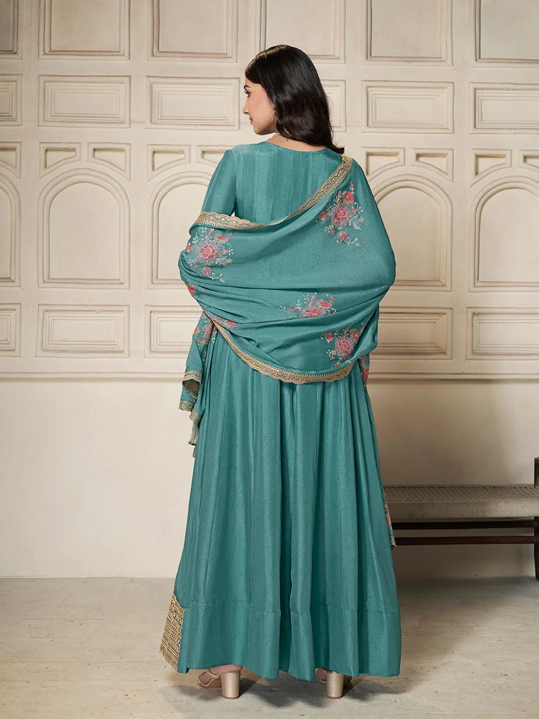 Amal – Teal Chinon Embroidered Anarkali Suit with Scalloped Dupatta - 2pcs