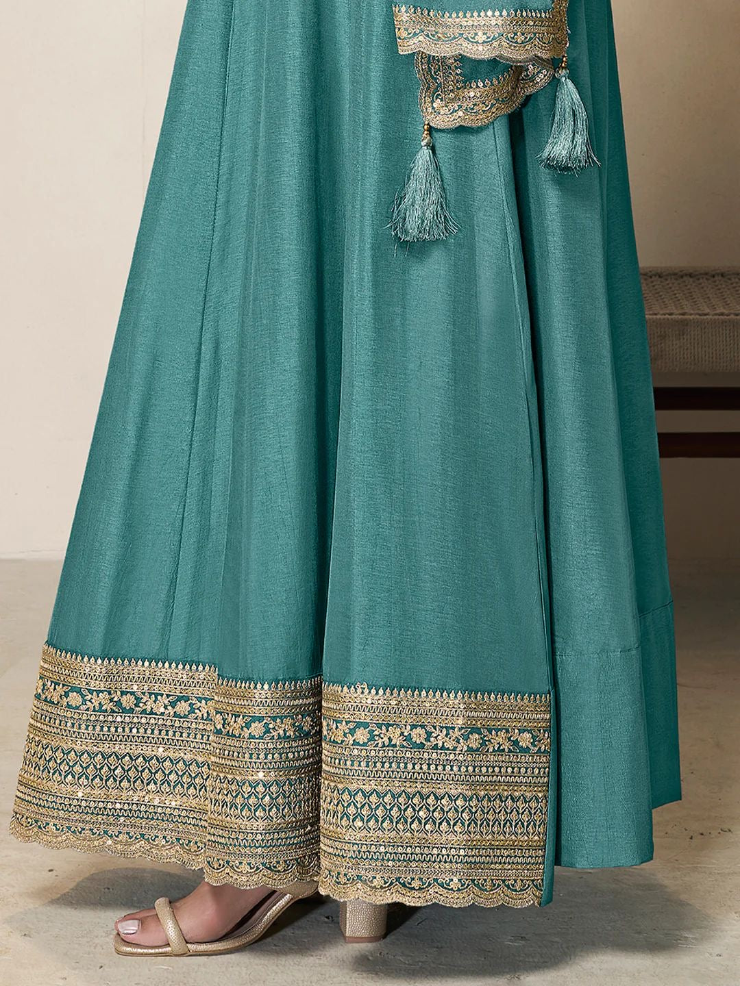 Amal – Teal Chinon Embroidered Anarkali Suit with Scalloped Dupatta - 2pcs